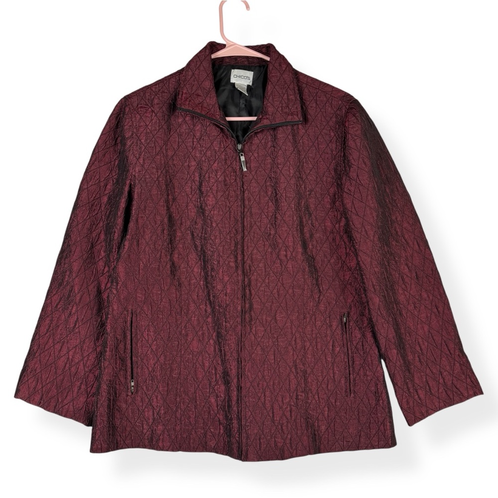 Chicos Size 1 (M/8) Full Zip Jacket Dark Red Krinkle Texture Zip‎ Pockets